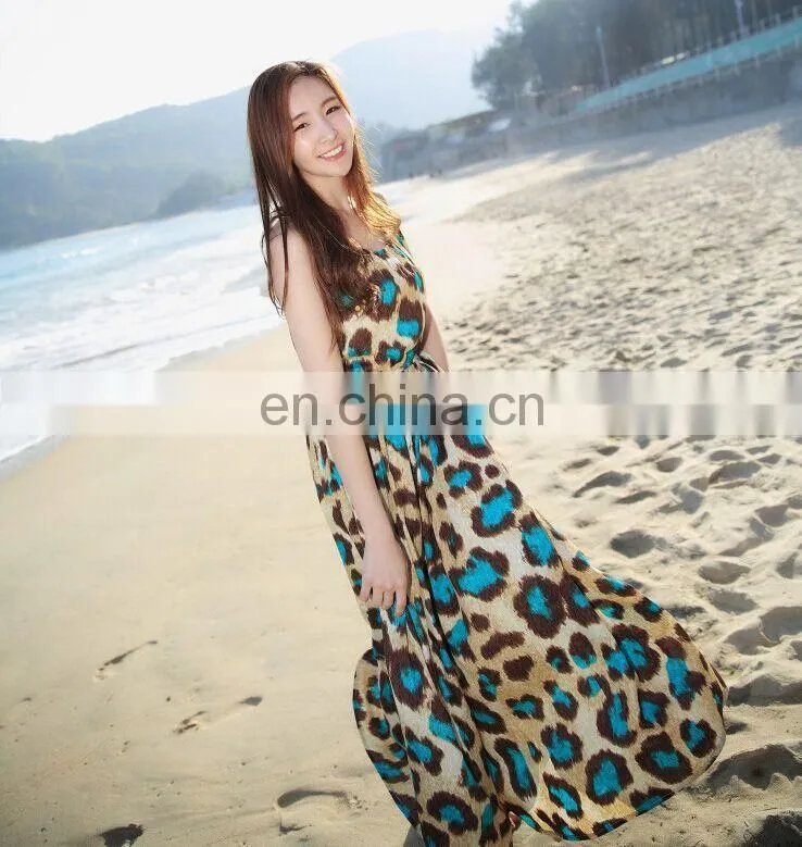 blue leopard sleeveless u neck long dress cotton skirt
