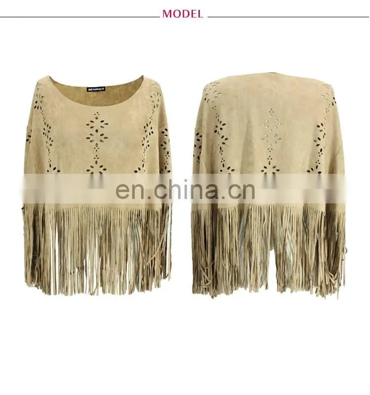 2017 Trendy Laser Cut Suede Kimono Poncho With Long Fringe