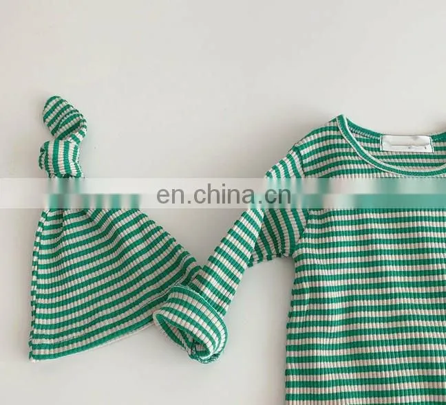 Baby romper with hat set ribbed stripe newborn baby bodysuit