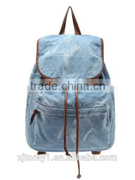 Light Blue waxed canvas backpack with string for student