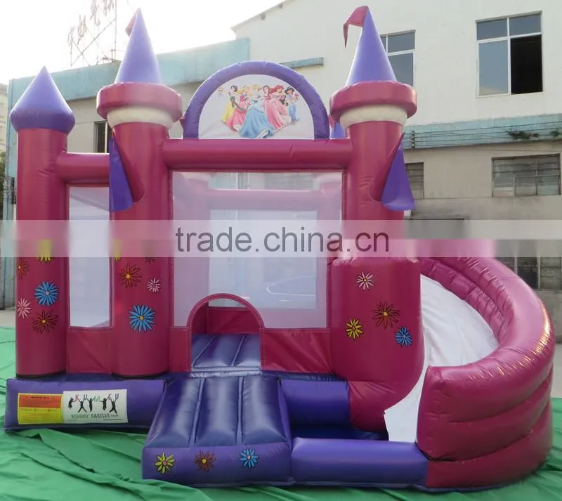 deep pink princess inflatable combo, jumper castle and slide for kids