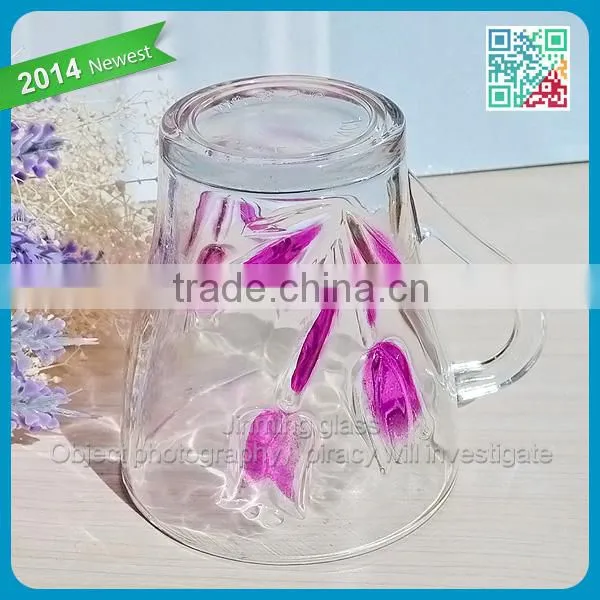 Colored Tulip Handle Drinking Glass Mugs Flower Embossed Logo Gift Drinking Glasses Cups Girls Favor Glass Gift Drinking Mugs