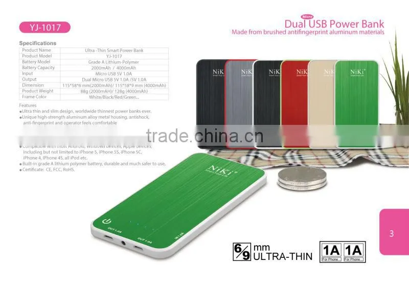 NiKi Smart Power Bank 2000mAh 4000mAh, Ultra Thin Dual Micro USB Colored Alumium