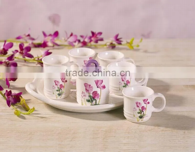 House & Hotels Used Ceramic Cups and Sugar Canister Set with Tray for 6 People