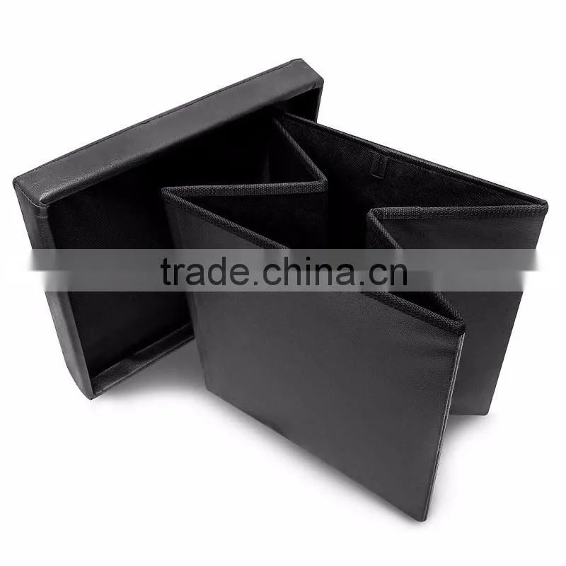 Foldable Storage Ottoman - Contemporary Faux Leather Ottoman with Cover, Black
