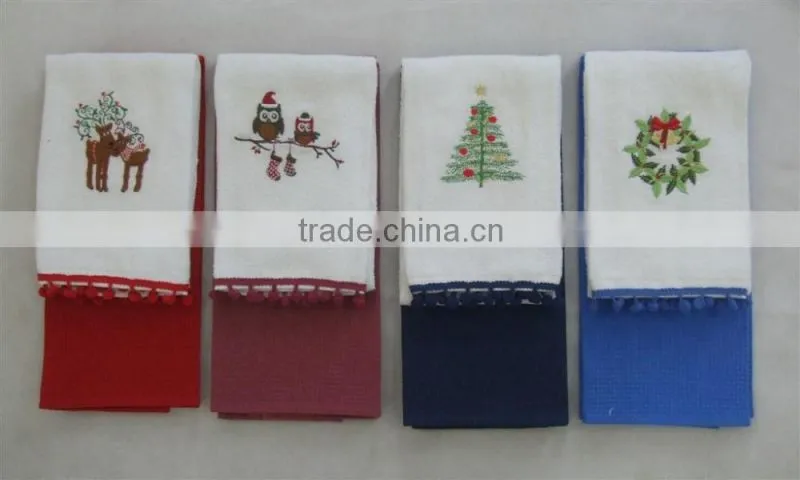 1pc embroidery velour towel with decoration border and 1 pc waffle solid color tea towel