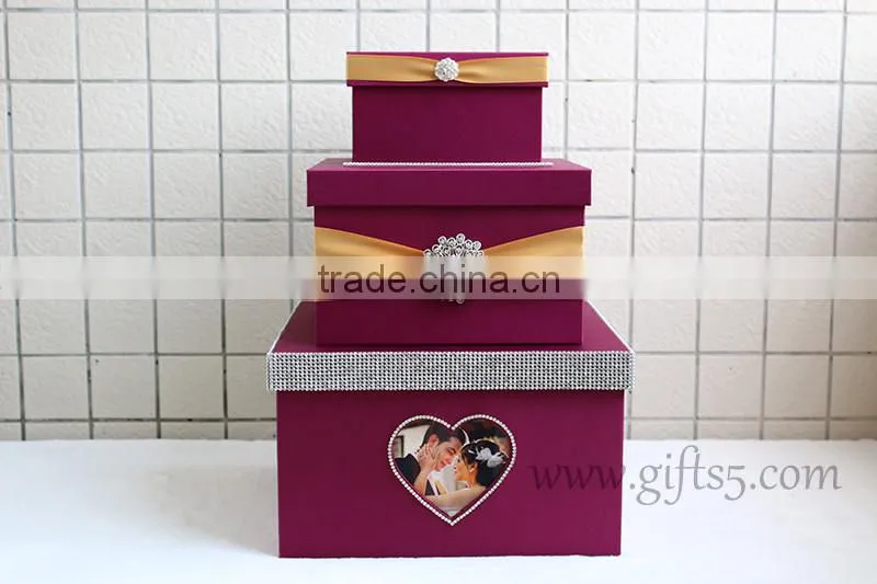 Elegant purple wedding card box in handmade with photo frame