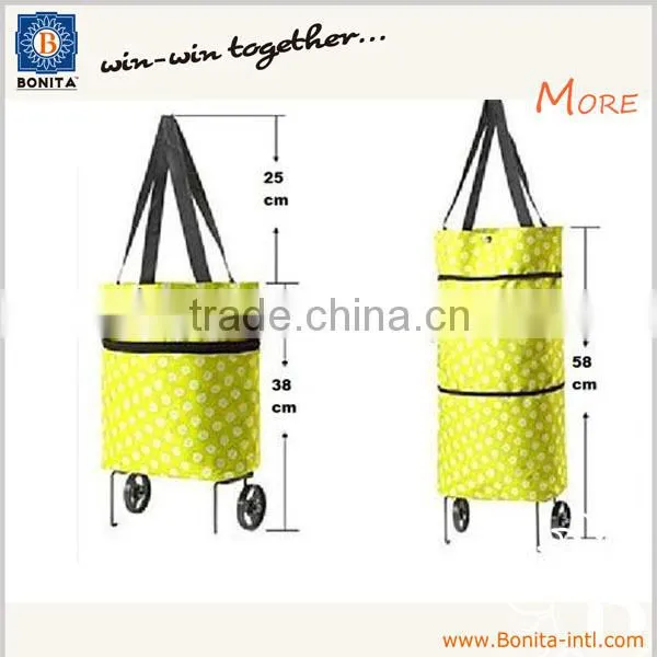 2016 popular orange fashion folding travel shopping bag with wheels
