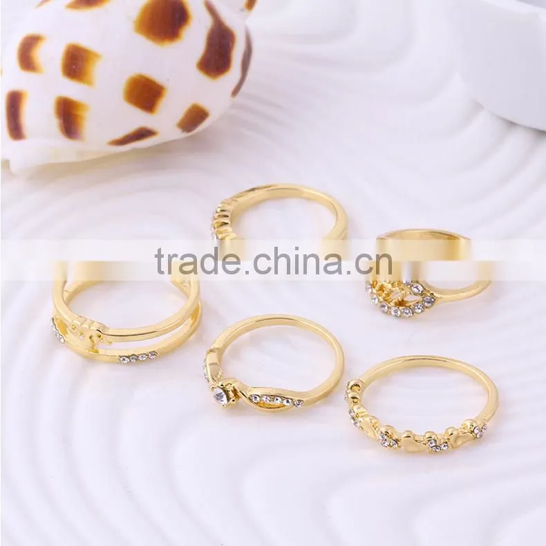 Crystal gold/silver plated dubai rings jewelry 5pc ring knuckle set