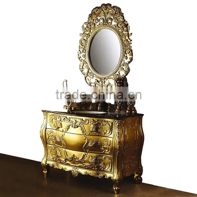 Vintage Ornate Baroque Reproduction Italian Style Solid Wood Bathroom Cabinet with Brown Marble Countertop BF12-06144b