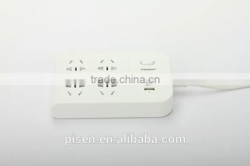 Pisen 1.8m 6ft Cable One Switch Child Protection Pasteable Euro Plug 4 Outles Smart Power Strip With 1A 2.4A 2.4A USB Charger