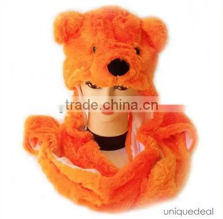 Fashion long mittens scarf set plush winter animal hats for adults