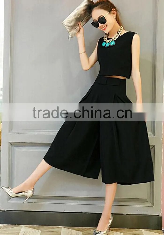 Fashion women clothing two pieces sleeveless black plain salwar suit with wide legging pants