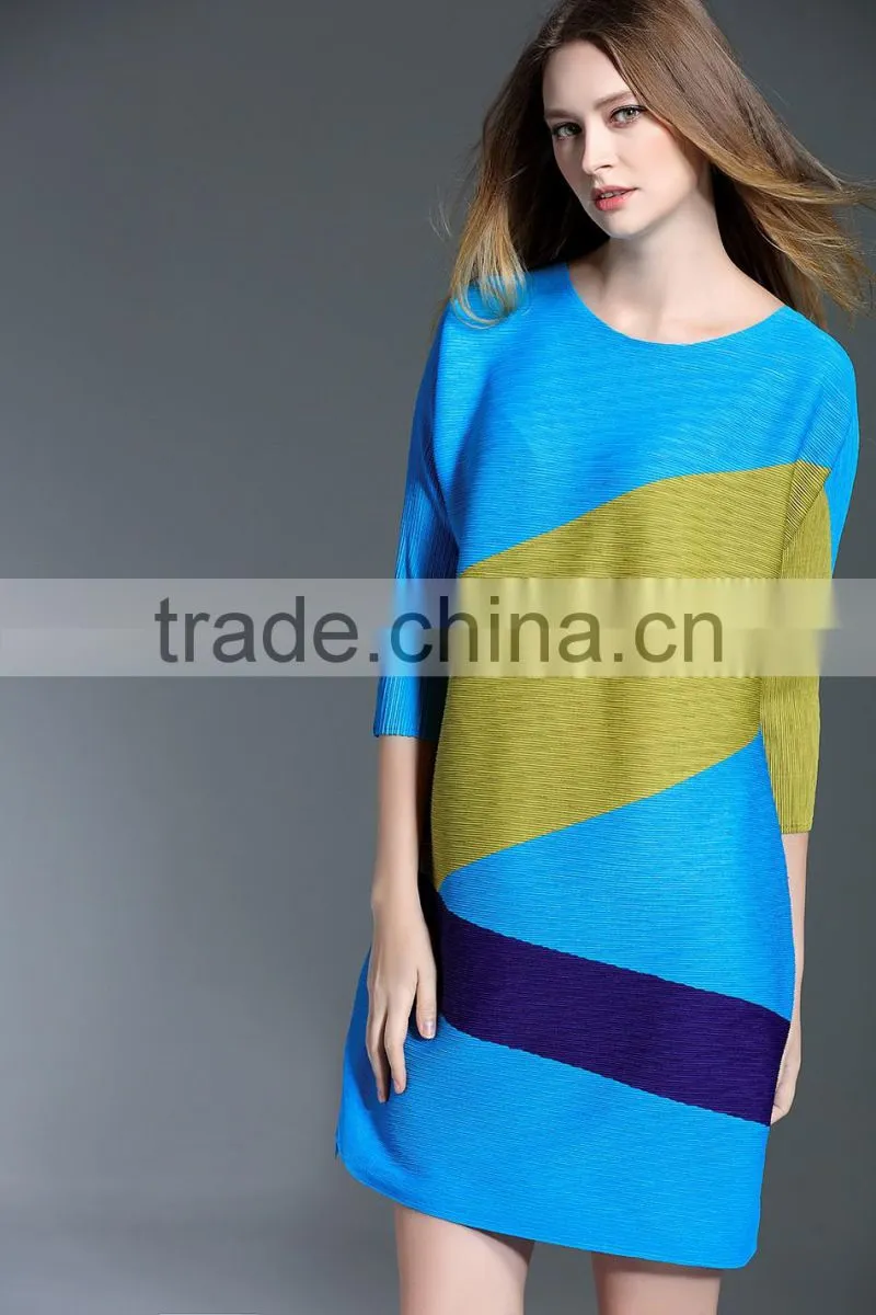 Female patchwork contrast color crinkle spring A-line dresses
