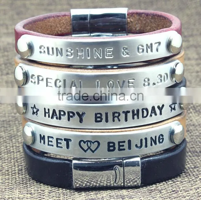 metal logo tag leather bracelet bangle custom letter stamped charm leather bangle bracelet promotion leather bracelet