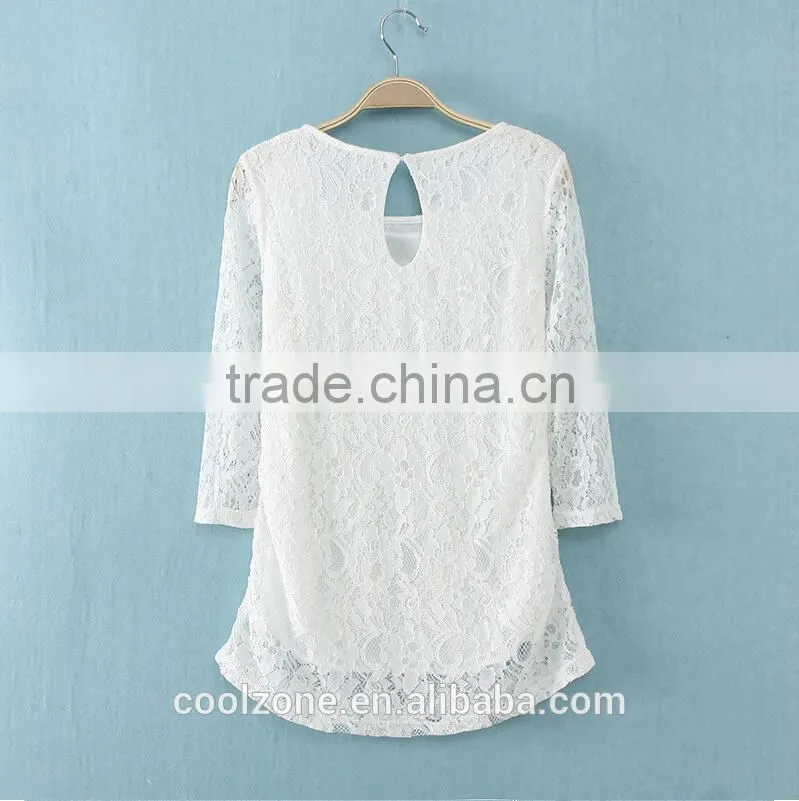 Elegant white basic woman blouse fashion sheer crochet lace blouse 2015