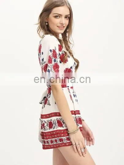 Japanese Girl, Lady Dress, Multicolor Print Half Sleeve Deep V Neck Jumpsuit
