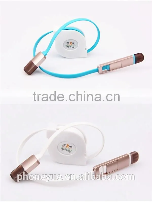 2016 powerful metal retractable flat noodle 2 in 1 usb data charging cable