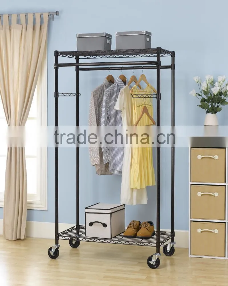 New 2-Tier Rolling Clothing Garment Rack Shelving Wire Shelf Dress G66