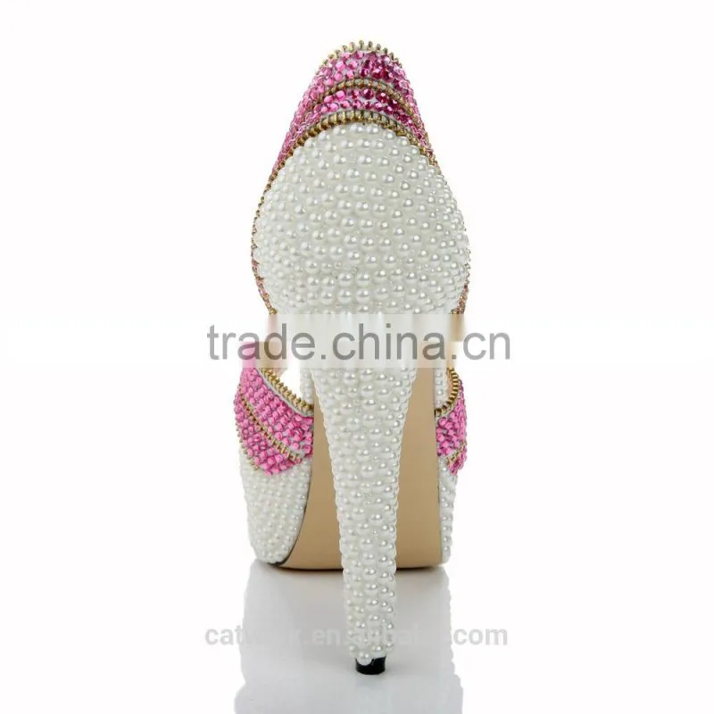 2015 Luxurious Diamond Pearl Upper Dress Shoes for Women Girls White Dress Shoes