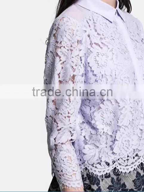 2015 Hot Sale Long Sleeve Purple Women Lace Blouse