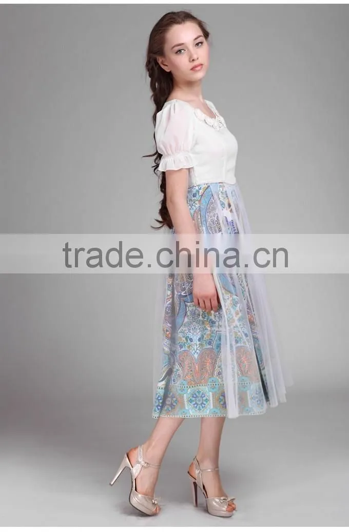 2015 High Quality Floral Printed Girls Party Dresses Long