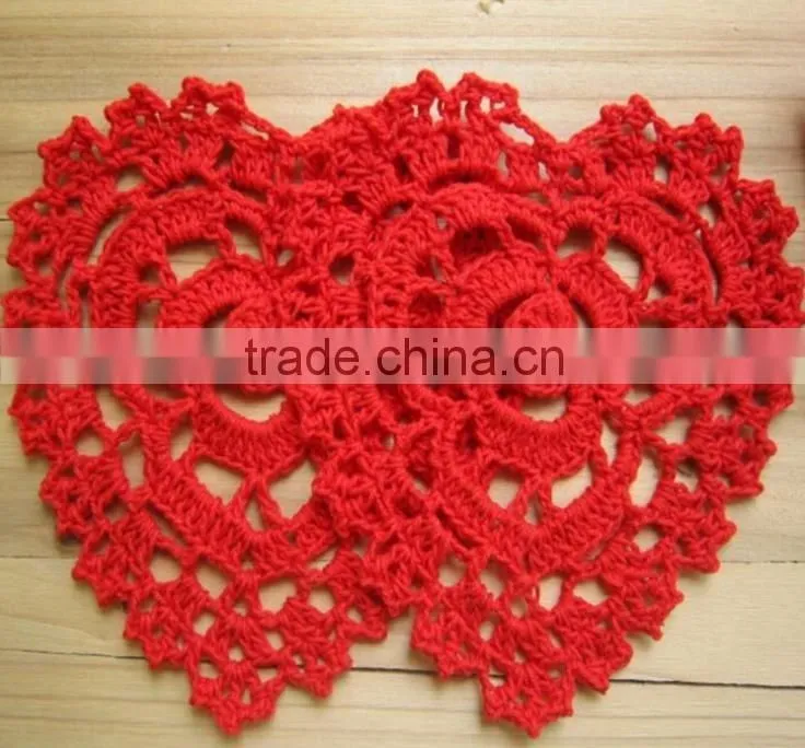 Red heart shape crochet doilies,customized cotton coasters for table dec.