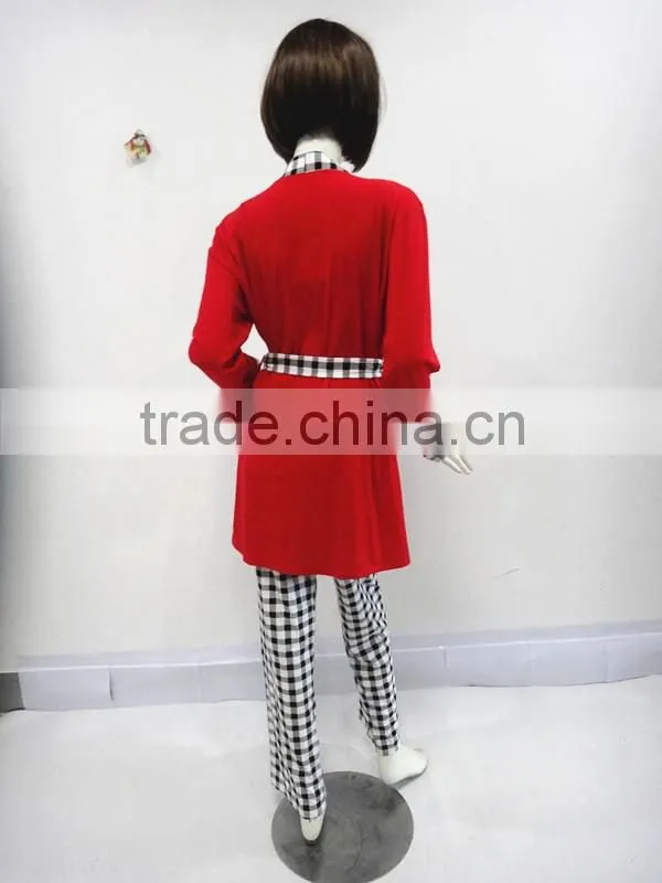 Red classic grid three-piece binding pajamas woman