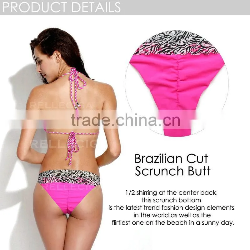 RELLECIGA 2016 Lace Collection - Rose+ Zebra PrintLace Bikini Swimsuit with Triangle Top and Brazilian Cut Scrunch Butt