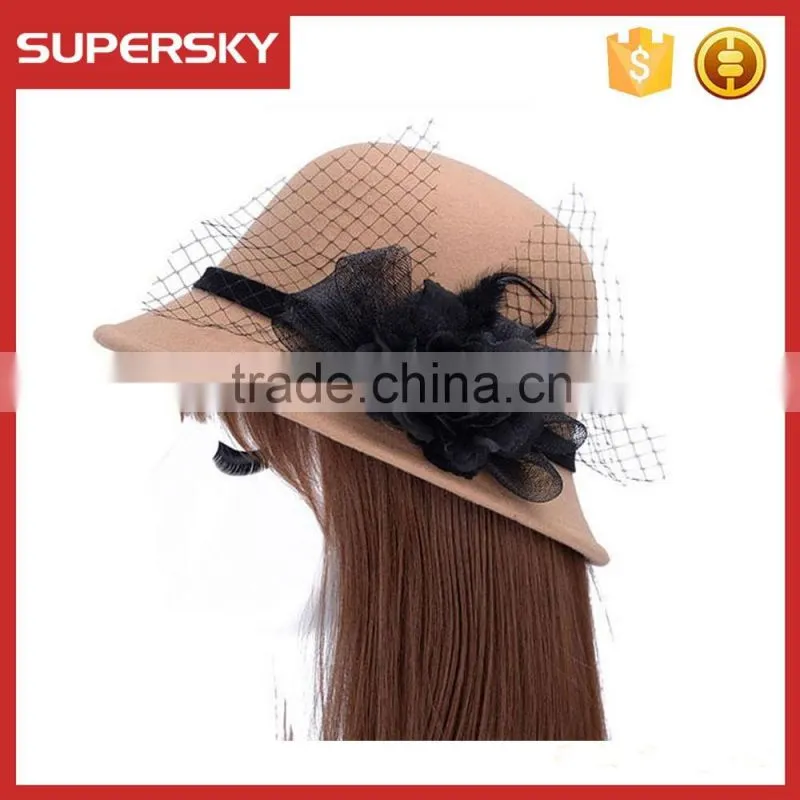 K-108 ladies formal hats with flower charm band wool felt bucket high quality women lace trim homburg