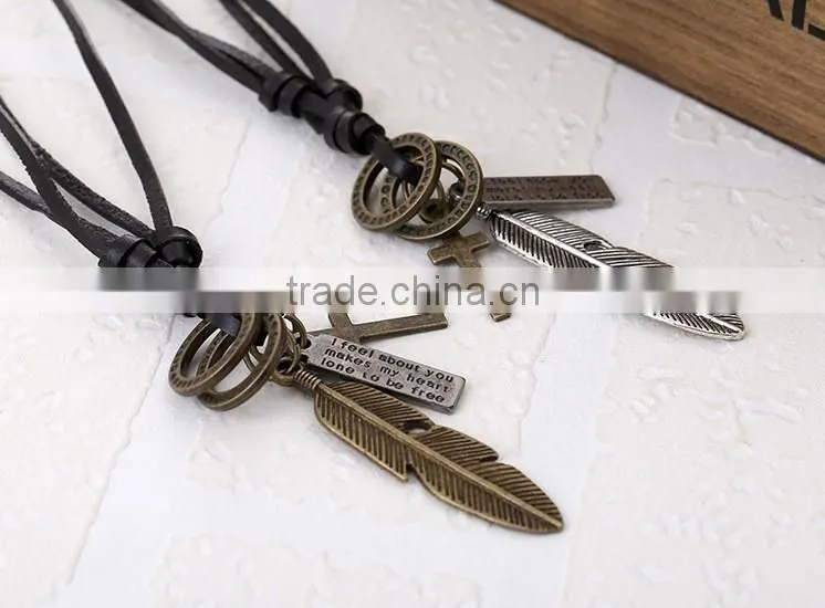 cross wing make adjustable cord leather lariat necklace