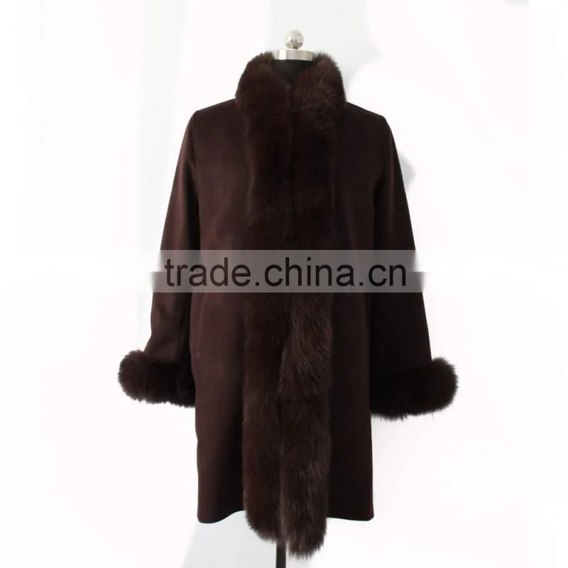 European style ladies cashmere with fox fur trim coat
