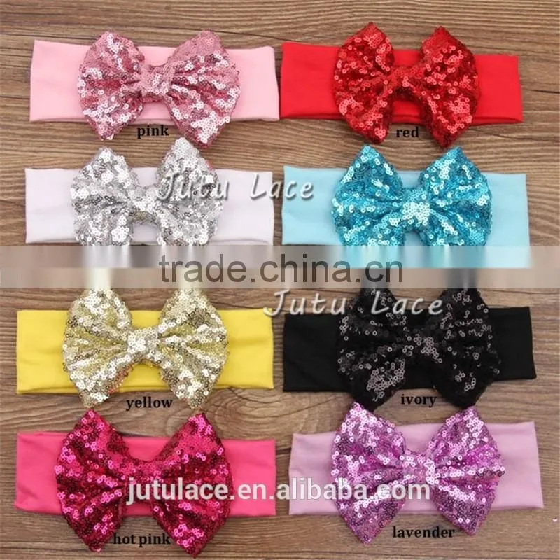 Fancy sequin bowkont headwraps - wide cotton fabric big bow elastic headband