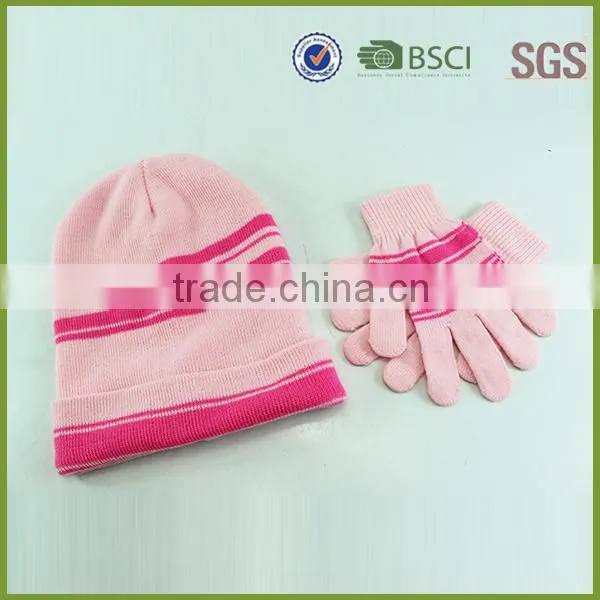 pink wholesale women's knit hat and scarf sets knit hat with ball top