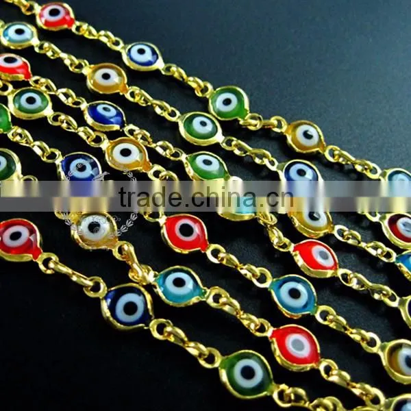 6mm red,yellow,blue,green flat glass Turkish evil eye beads links gold plated brass necklace chain DIY supplies 1315013