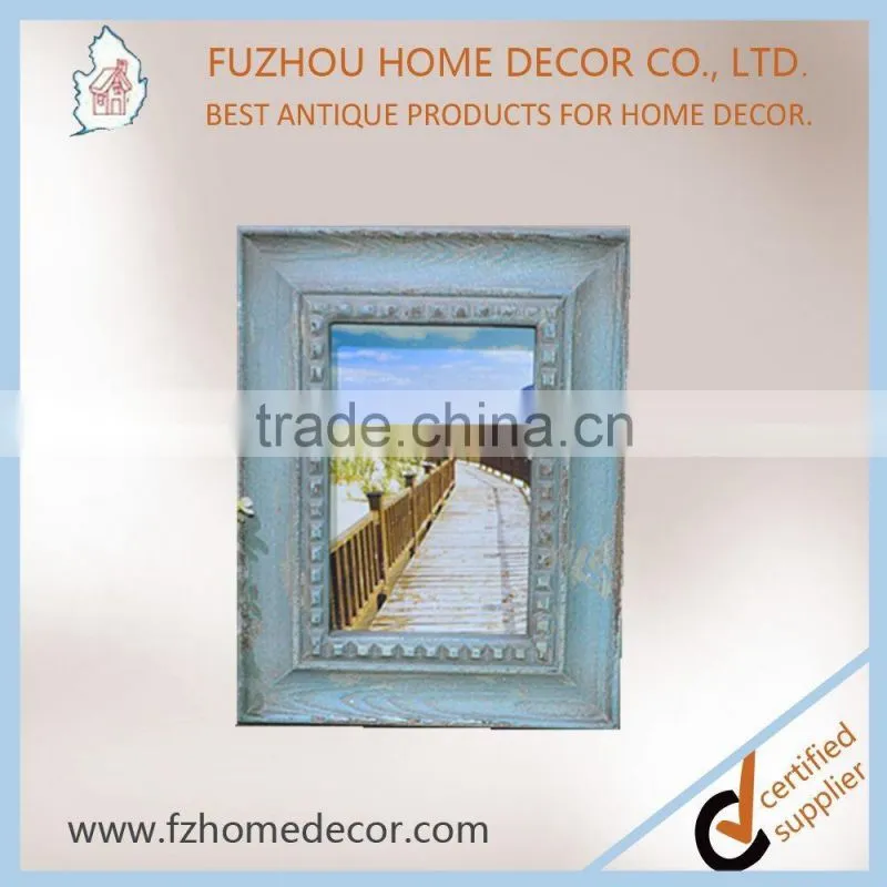 Promotional shabby chic wood printing photo frame with blue colour for home decoration