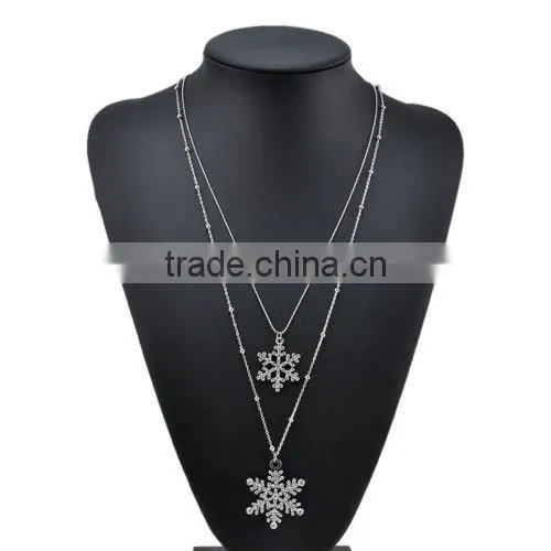 Cheap Crystal Rhinestone Double Snowflake Pendant Silver Necklace Women Xmas Gift