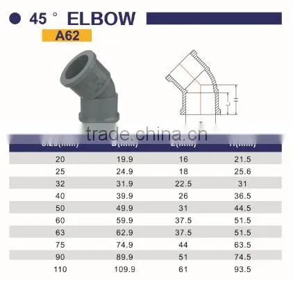 HIGH QUANLITY 45 DEG ELBOW OF PVC DIN STANDARD FITTINGS FOR WATER SUPPLY