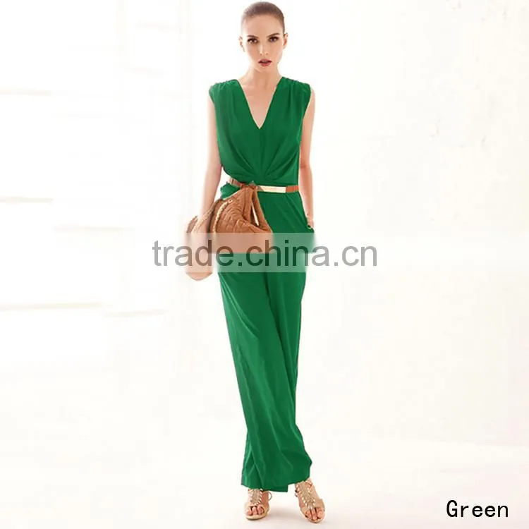 2015 Women Summer Clothing New Elegant OL Style Deep V Neck Sleeveless Loose Jumpsuit Rompers Women Overalls Macacao Feminino