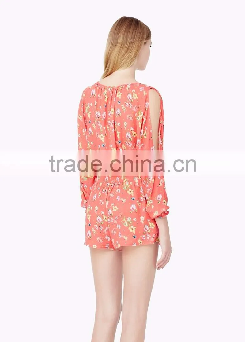fashion shoulder design ladies v neck custom printing one piece jumpsuit for women