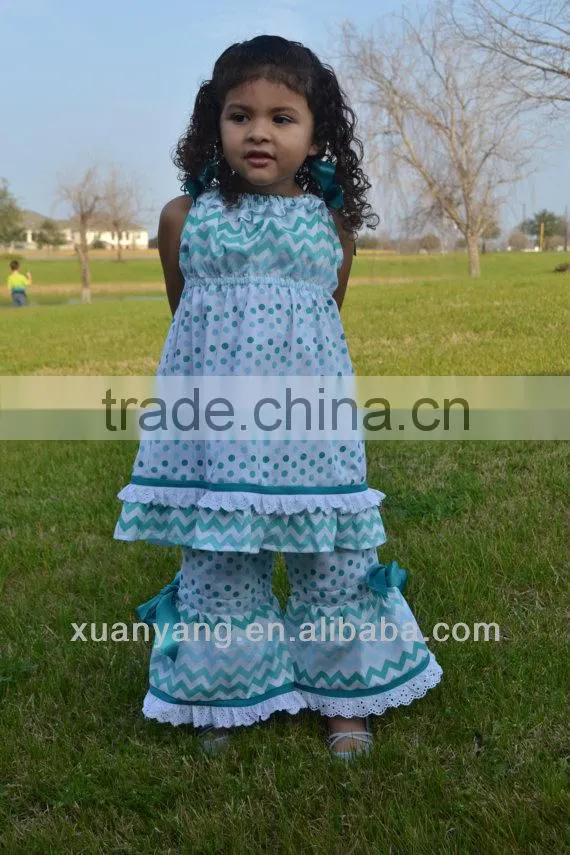 Boutique Outfit Teal and white polka dot/chevron Spring ruffle top and pants child clothes