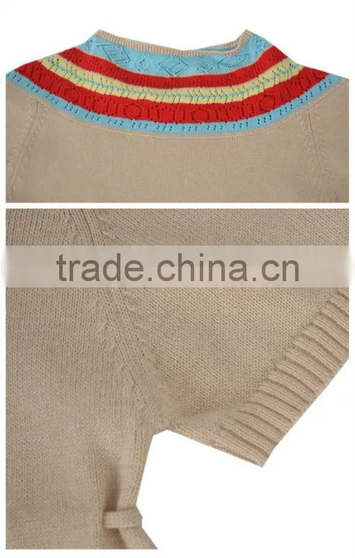 Spring girl's round neck jacquard pullover sweater with belt