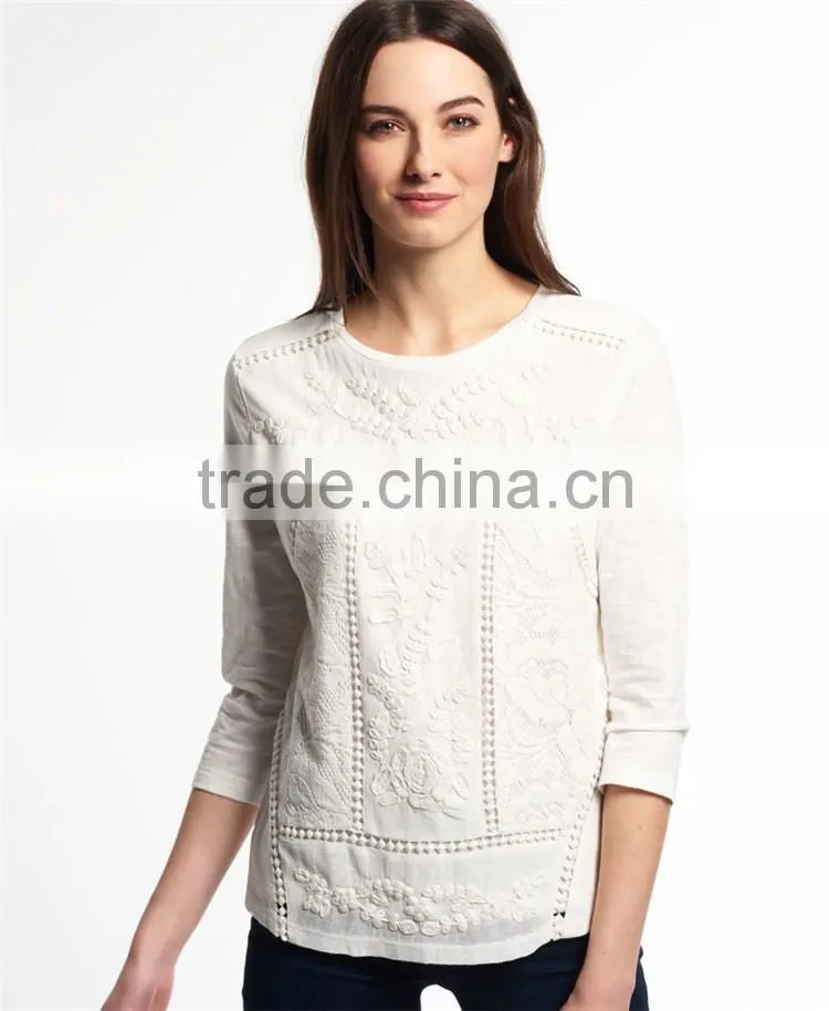 2016 Guangzhou Shandao Wholesaler High Quality Latest Autumn Casual 3/4 Sleeve Round Neck Embroidered Cotton Girl's Stylish Top
