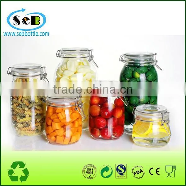 2016 New glass jar with metal clip Hot selling glass jar with metal clip lid High borosilicate glass jar with metal clip