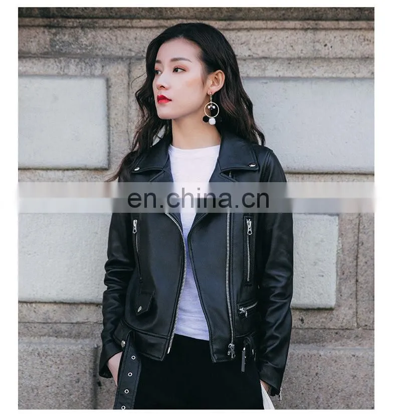 Fashion Cool Zip Front Black Leather Jacket Woman / Real Sheep Skin Jacket Leather / Leather Motorcycle Jacket