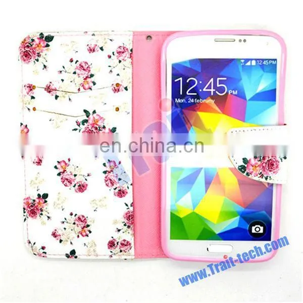 Flower design Wallet Style With Card Slot Flip PU Leather Case for Samsung Galaxy S5 i9600 G900 (Flowers)