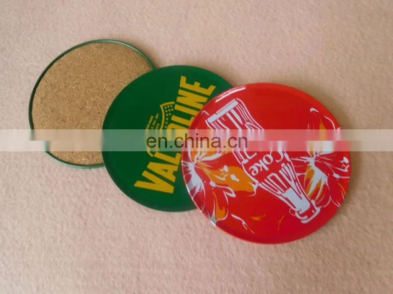 Custom printing logo round tin coaster with cork back