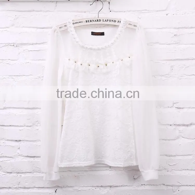 2015 women's T-shirt with long sleeves gauze splicing thin render unlined upper garment to bigger sizes Lace hollow out