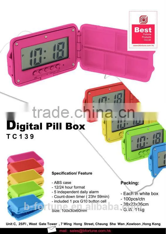TC139_RD LCD Display WH Color Alarm Colorful Digital pill box with alarm timer