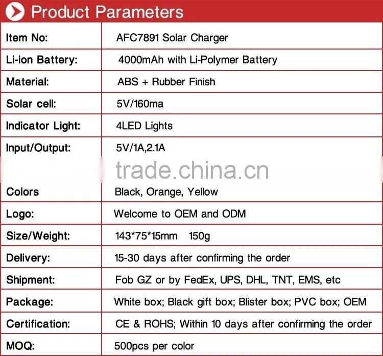 4000mah outdoor wholesale high capacity 143x75x15mm portbale solar power bank charger